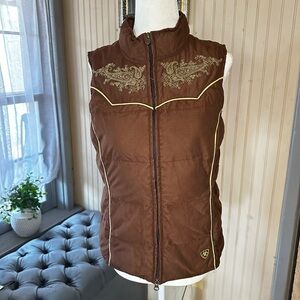 Ariat Women’s Western Brown Puffer Vest – Size Small, Embroidered, Zip Front